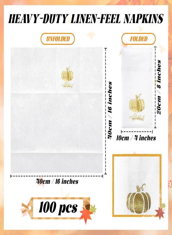 Janlaugh 100 Pcs Thanksgiving Napkins Disposable White and Gold Cloth Napkins with Pockets Fall Prefolded Pumpkin Paper Hand Towels for Autumn Thanksgiving Holiday Dinner Party Decor Supplies - Image 2